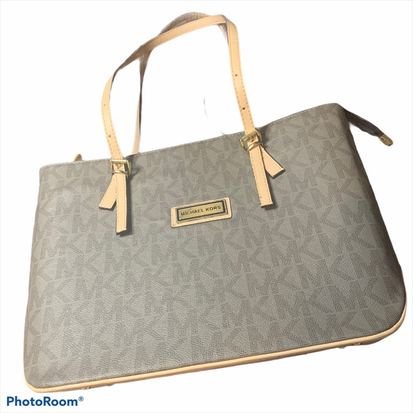 MICHAEL KORS BROWN CREAM TOTE LARGE LOGO BAG PURSE - Picture 3 of 14